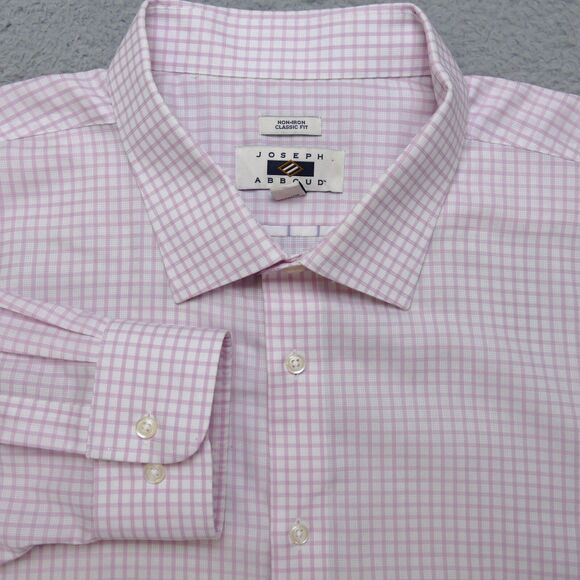 Joseph Abboud Button Up Shirt Men 20 34-35 Classic Fit Pink Plaid Long Sleeve - Picture 1 of 16